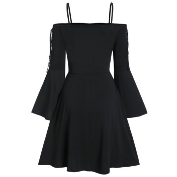 Lace Up Open Shoulder Spaghetti Strap Gothic Dress - Black