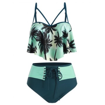 Lace Up Palm Tree Push Up Tankini Swimsuit - Light Aquamarine