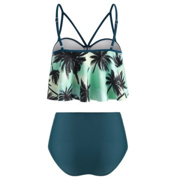 Lace Up Palm Tree Push Up Tankini Swimsuit - Light Aquamarine