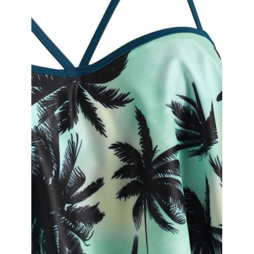 Lace Up Palm Tree Push Up Tankini Swimsuit - Light Aquamarine