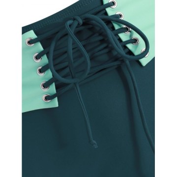 Lace Up Palm Tree Push Up Tankini Swimsuit - Light Aquamarine