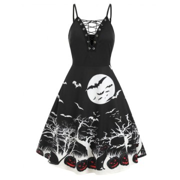 Lace Up Pumpkin Bat Halloween Flare Dress - Black