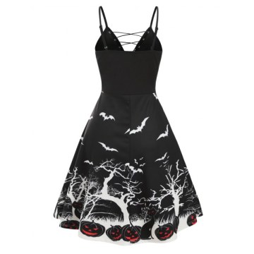 Lace Up Pumpkin Bat Halloween Flare Dress - Black