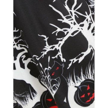 Lace Up Pumpkin Bat Halloween Flare Dress - Black