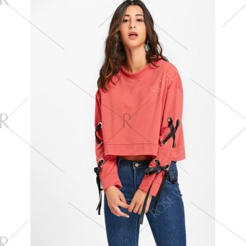 Lace Up leeve weatshirt with Grommet - Red