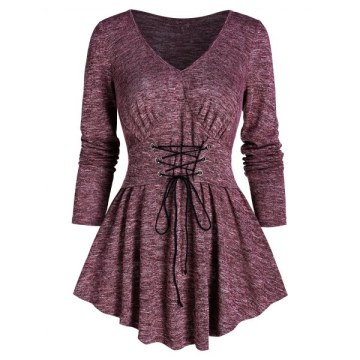 Lace Up Space Dye Tunic Sweatshirt - Firebrick