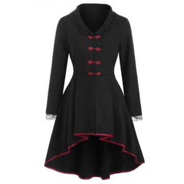 Laced Lace-up Frog Button Wool Blend High Low Coat - Black