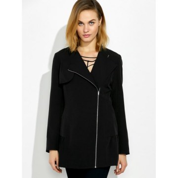 Lapel Collar Asymmetrical Zipper Coat - Black