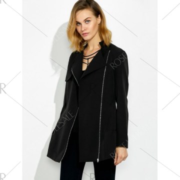 Lapel Collar Asymmetrical Zipper Coat - Black