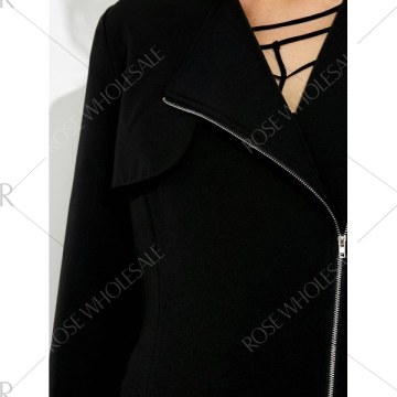 Lapel Collar Asymmetrical Zipper Coat - Black