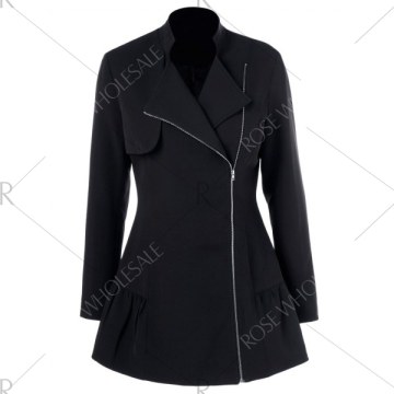 Lapel Collar Asymmetrical Zipper Coat - Black