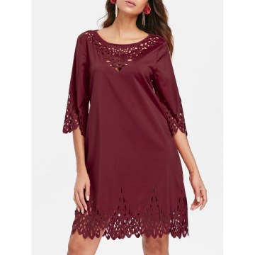 Laser Cut Hollow Out Mini Dress - Red Wine