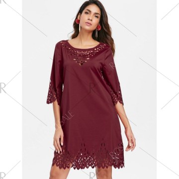 Laser Cut Hollow Out Mini Dress - Red Wine