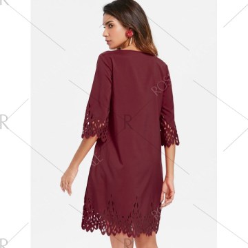 Laser Cut Hollow Out Mini Dress - Red Wine
