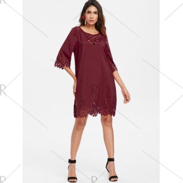 Laser Cut Hollow Out Mini Dress - Red Wine
