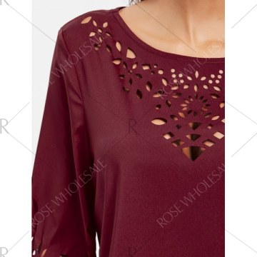 Laser Cut Hollow Out Mini Dress - Red Wine