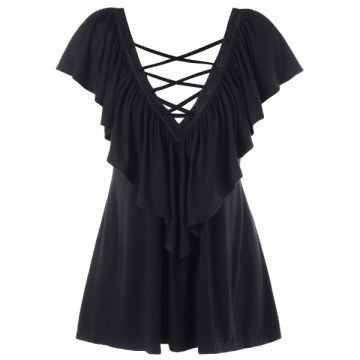 Lattice Ruffle Short Sleeve T-shirt - Black