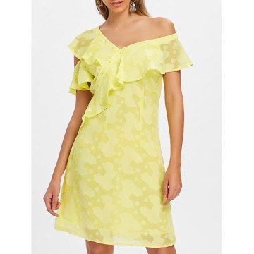 Leaf Pattern Buttoned Casual Dress - Yellow