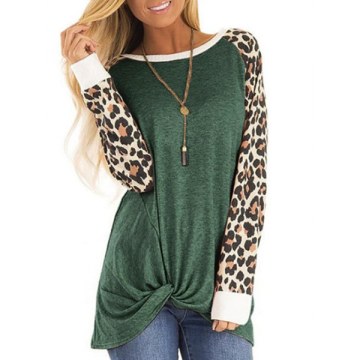 Leopard Panel Raglan leeve Twist Top - Jungle Green