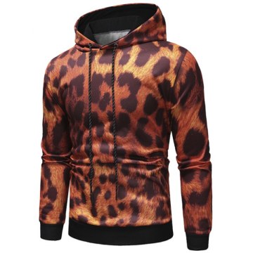 Leopard Print Drawstring Pullover Hoodie - Chocolate