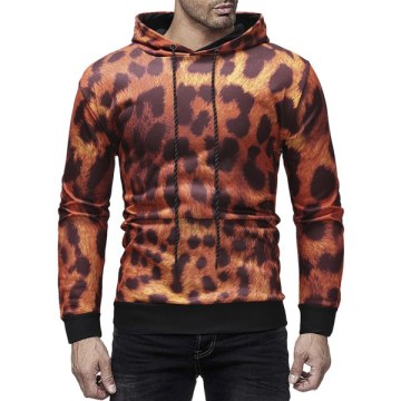 Leopard Print Drawstring Pullover Hoodie - Chocolate