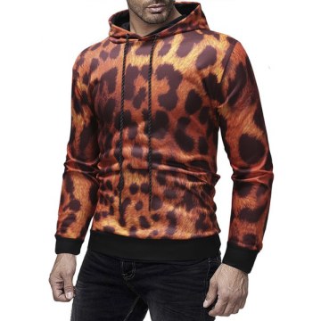 Leopard Print Drawstring Pullover Hoodie - Chocolate