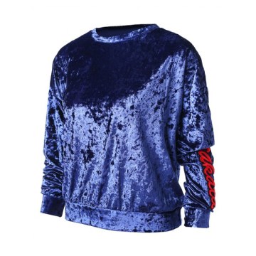 Letter Embroidery Drop Shoulder Velvet Sweatshirt - Blue