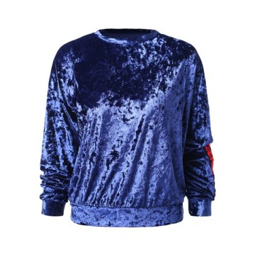 Letter Embroidery Drop Shoulder Velvet Sweatshirt - Blue