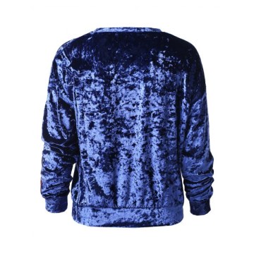 Letter Embroidery Drop Shoulder Velvet Sweatshirt - Blue