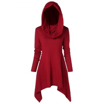 Long Asymmetrical Hooded Knitwear - Red Wine