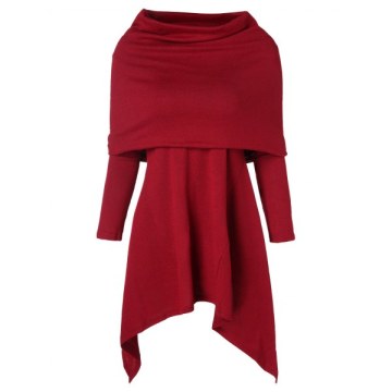 Long Asymmetrical Hooded Knitwear - Red Wine