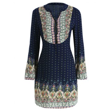 Long leeve Casual Print Dress - Midnight Blue
