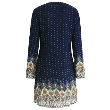 Long leeve Casual Print Dress - Midnight Blue