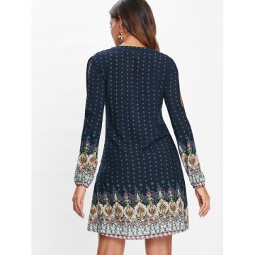 Long leeve Casual Print Dress - Midnight Blue