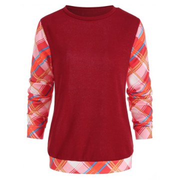 Long Sleeve Checked Panel Top - Red