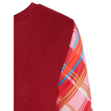 Long Sleeve Checked Panel Top - Red