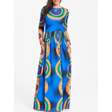 Long leeve Circle Print Maxi Dress - Blue