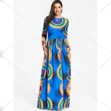 Long leeve Circle Print Maxi Dress - Blue