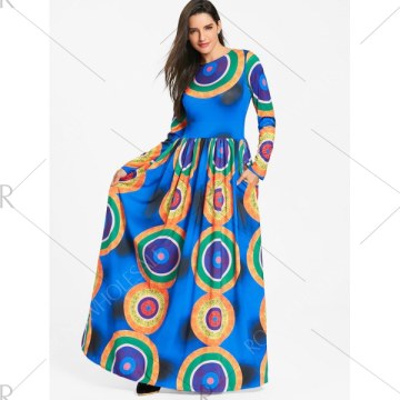 Long leeve Circle Print Maxi Dress - Blue