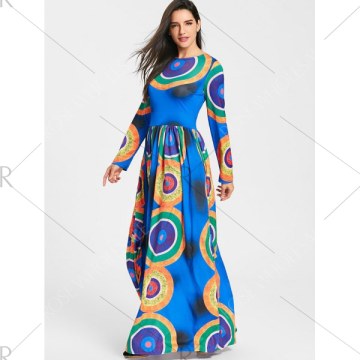Long leeve Circle Print Maxi Dress - Blue