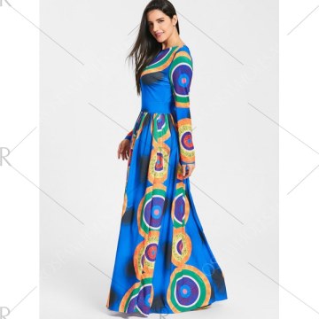 Long leeve Circle Print Maxi Dress - Blue