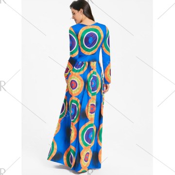 Long leeve Circle Print Maxi Dress - Blue