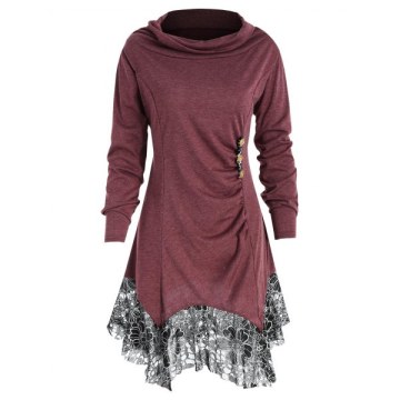 ong Sleeve Cowl Neck Tunic T-shirt - Red Wine