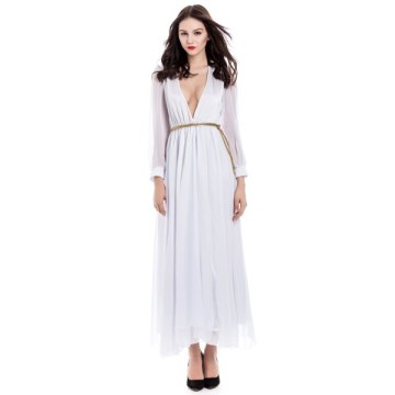 Long Sleeve Deep Plunging V Neck Slit axi Dress - White