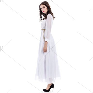 Long Sleeve Deep Plunging V Neck Slit axi Dress - White