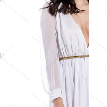 Long Sleeve Deep Plunging V Neck Slit axi Dress - White