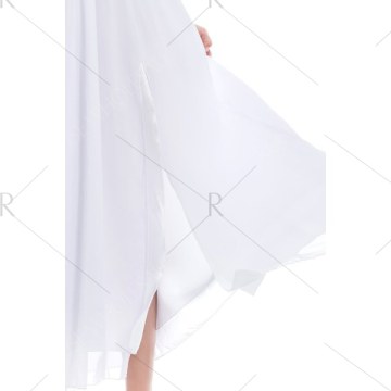 Long Sleeve Deep Plunging V Neck Slit axi Dress - White