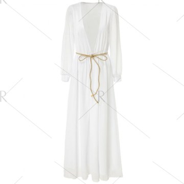 Long Sleeve Deep Plunging V Neck Slit axi Dress - White