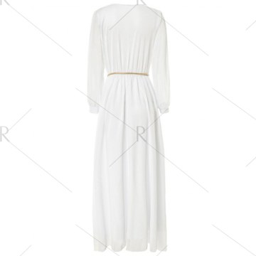 Long Sleeve Deep Plunging V Neck Slit axi Dress - White