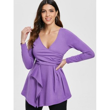 Long leeve Deep V Neck T-shirt - Purple